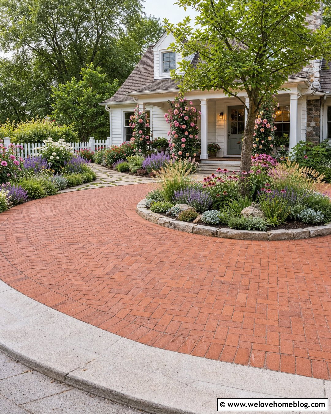 Brick Half Circle Driveway With Cottage Garden Beds - 40 half circle driveway landscaping ideas