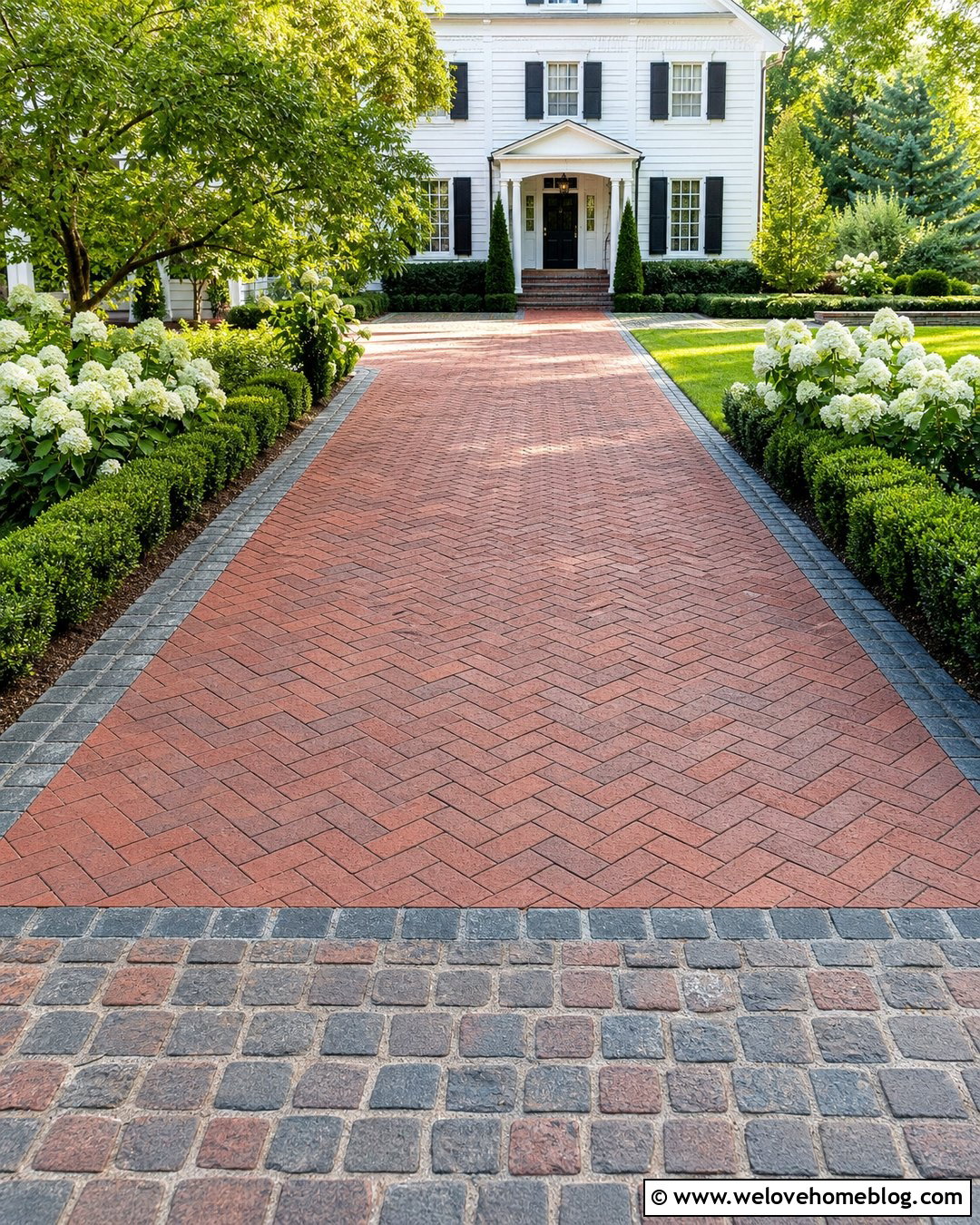 Brick Herringbone Driveway With Cobblestone Border - 45 Driveway Design Ideas