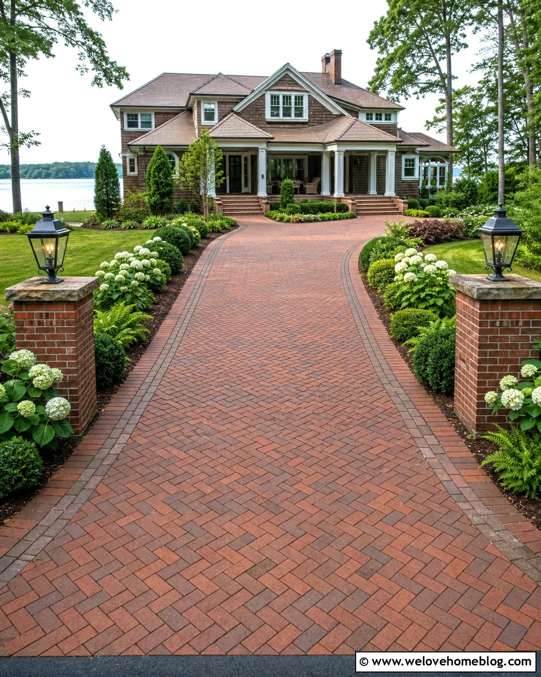 Brick Lake House Driveway Entrance With Lantern Columns - 20 Lake House Driveway Entrance Ideas