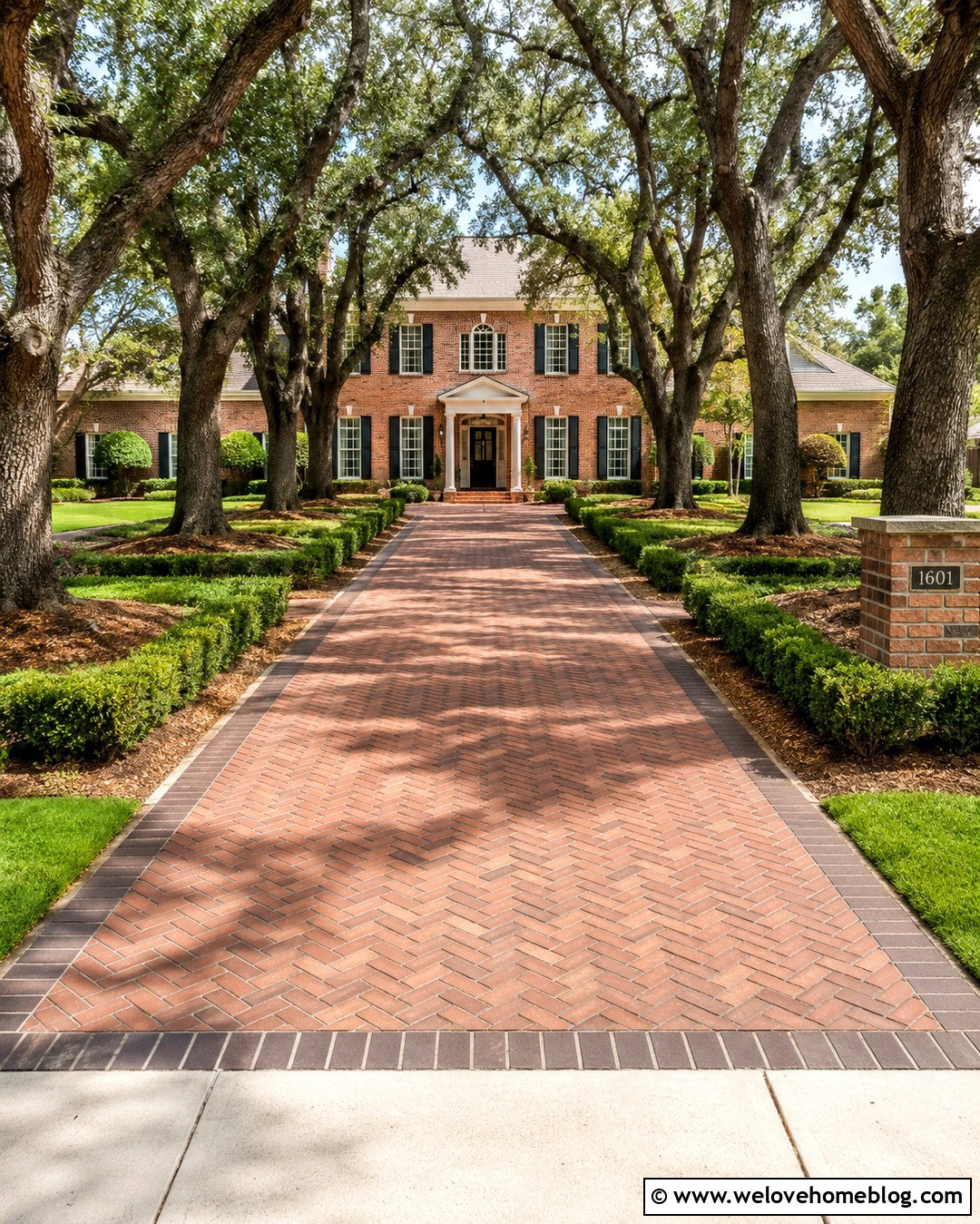 Brick Live Oak Tree Lined Driveway With Boxwood Borders - 20 live oak tree lined driveway ideas