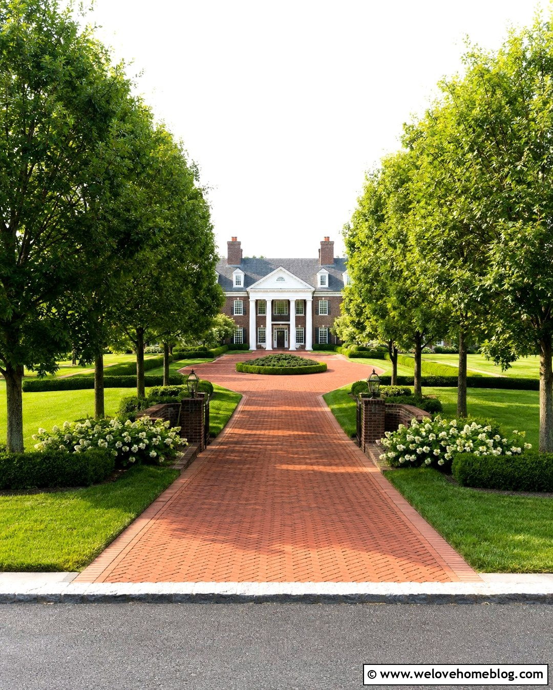 Brick Long Driveway For A Colonial Mansion - 20 Long Driveway Mansion Ideas