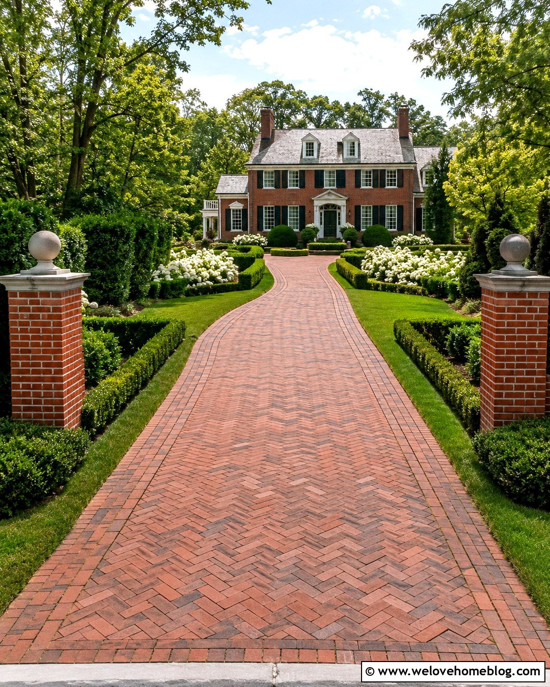 Brick Long Winding Driveway With Boxwood Borders - 20 Long Winding Driveway Ideas