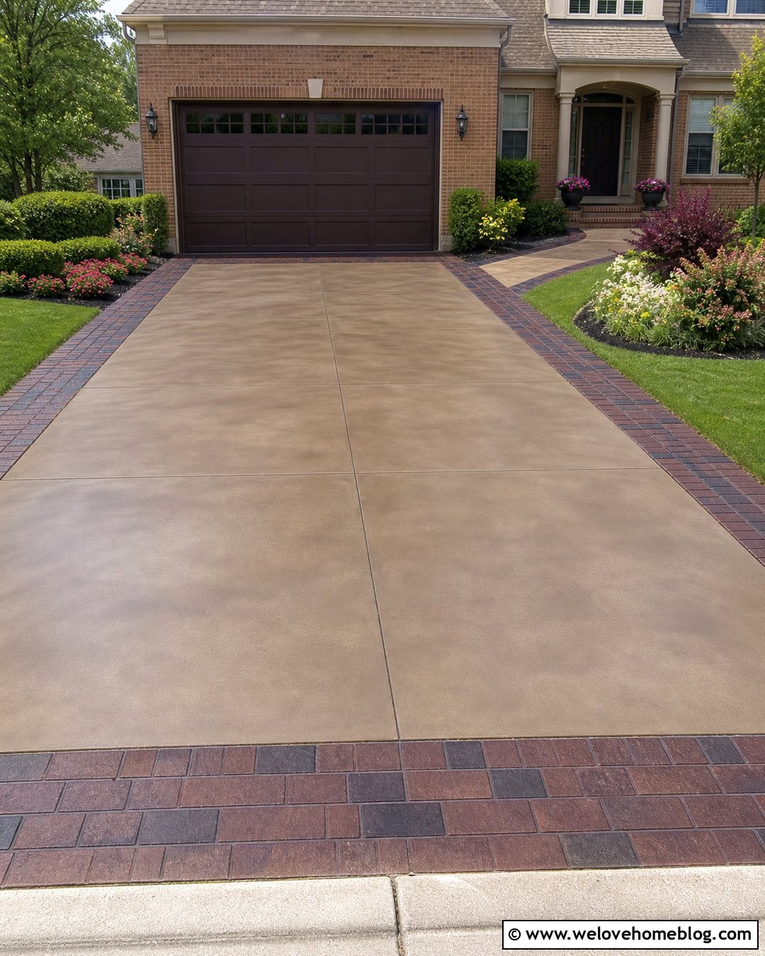 Brick Look Stained Concrete Driveway With Engraved Border - 20 Staining Concrete Driveway Ideas