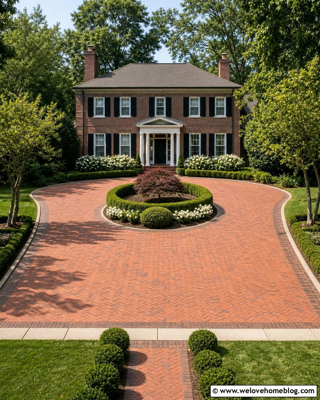 Brick Loop Driveway With Herringbone Pattern - 25 Loop Driveway Ideas