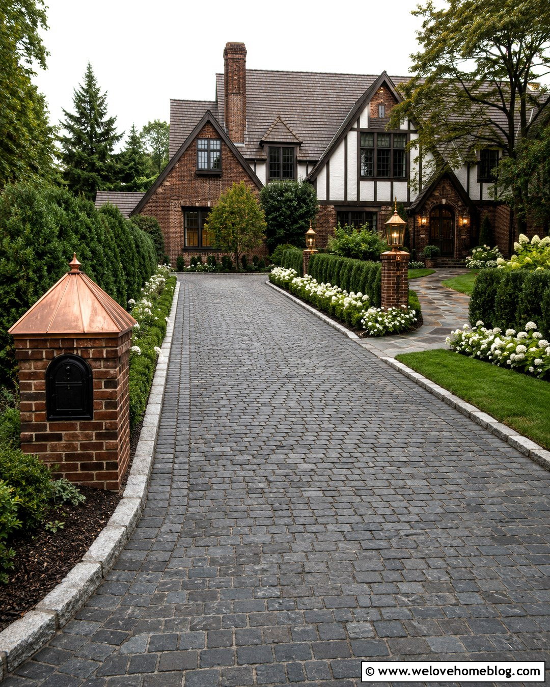 Brick Mailbox With Copper Roof And Cobblestone Driveway - 20 Brick Mailbox Designs Driveway Entrance Ideas