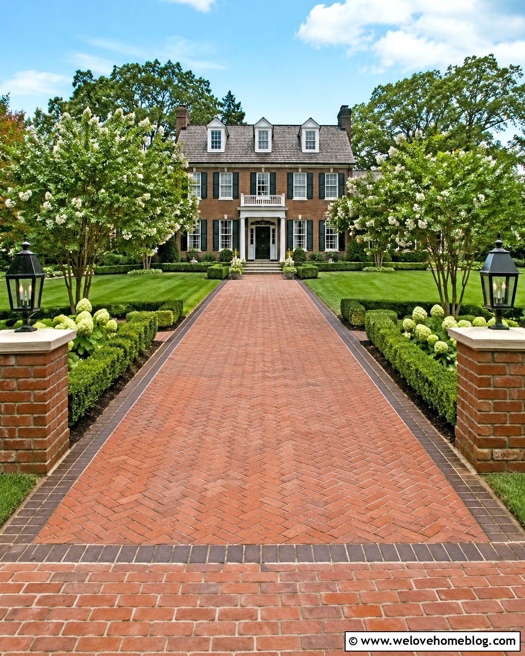 Brick Paved Driveway With Colonial House - 20 Paved Driveway With House Ideas