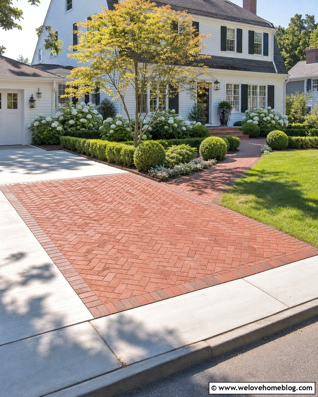 Brick Paver Driveway Extension With Herringbone Pattern - 30 Extended Driveway Ideas