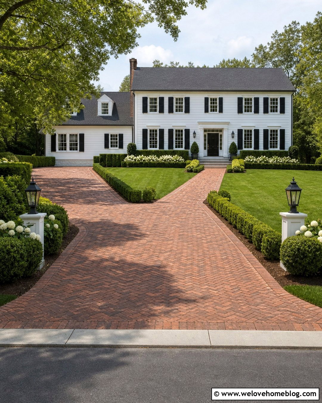 Brick Paver Driveway With Colonial Landscaping - 35 Paver Driveway Ideas