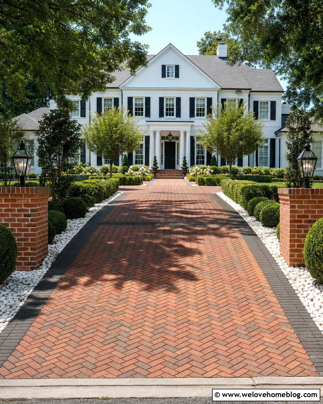 Brick Paver Driveway With White Rock Landscaping - 20 rock and paver driveway ideas