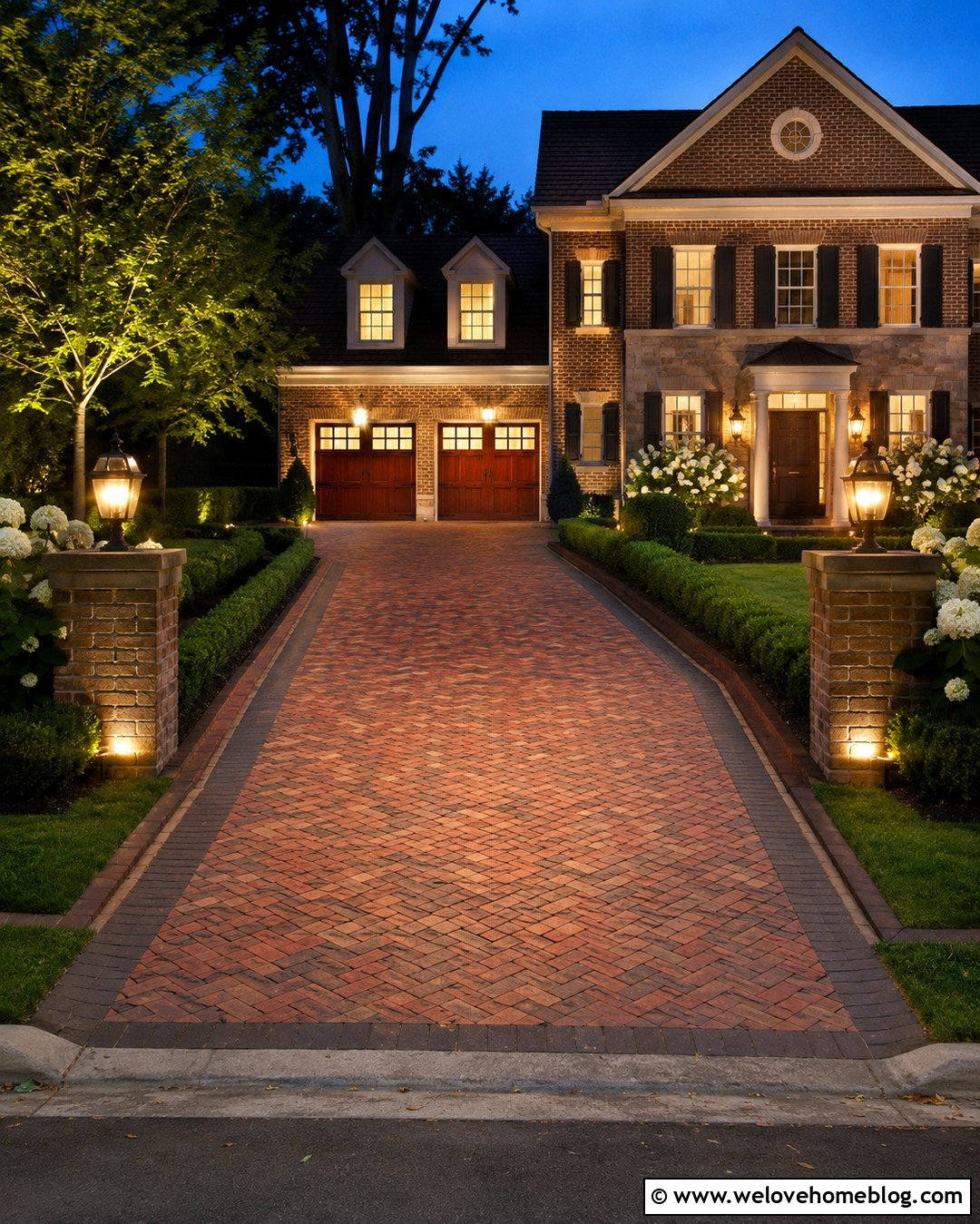 Brick Paver Evening Driveway View - 20 Evening Driveway View Ideas