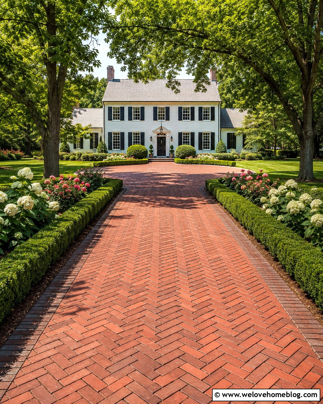 Brick Paver Farmhouse Long Driveway With Boxwood Borders - 20 Farmhouse Long Driveway Ideas