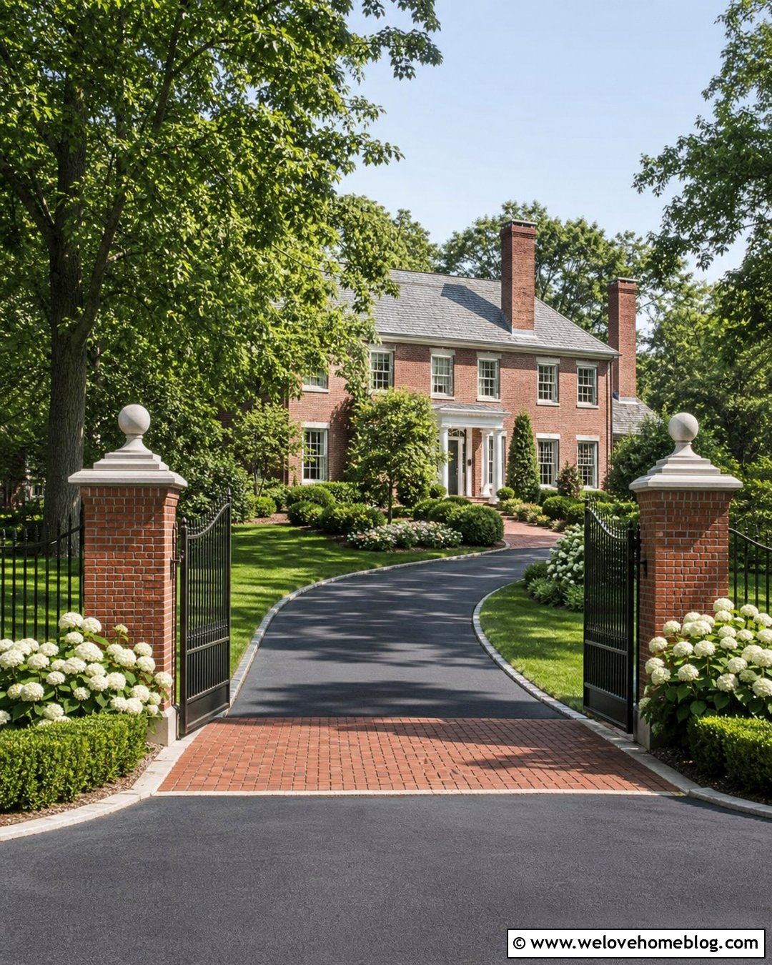 Brick Pillar Metal Fence Asphalt Driveway Entrance - 20 Driveway Entrance Fence Ideas