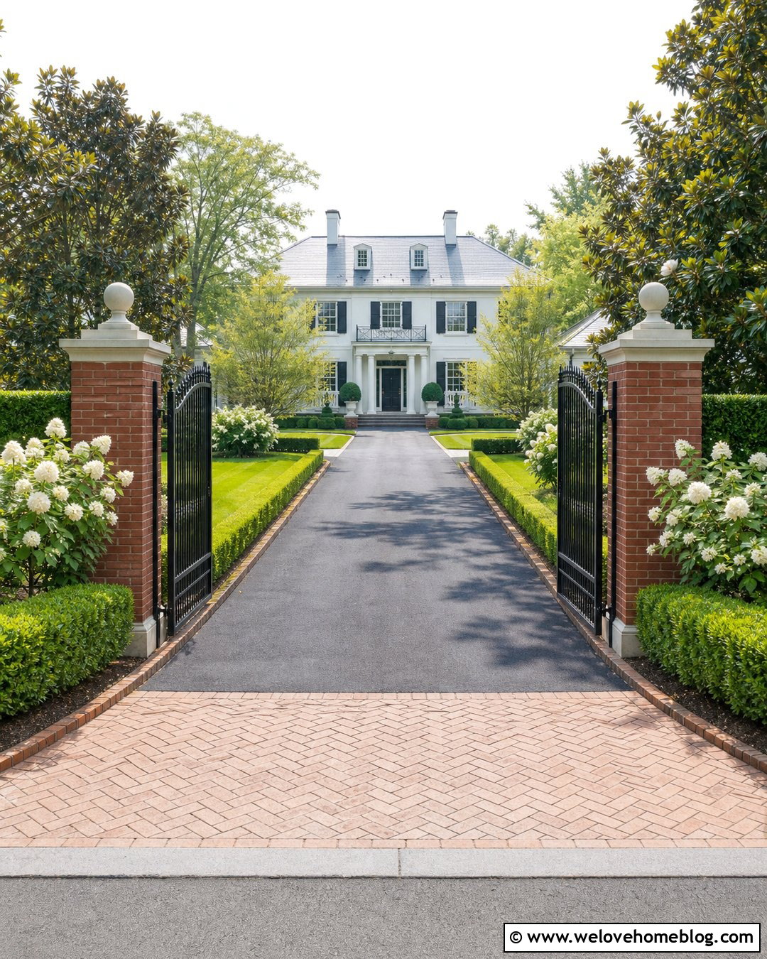 Brick Pillars With Boxwood Hedges - 35 brick pillars driveway entrance ideas