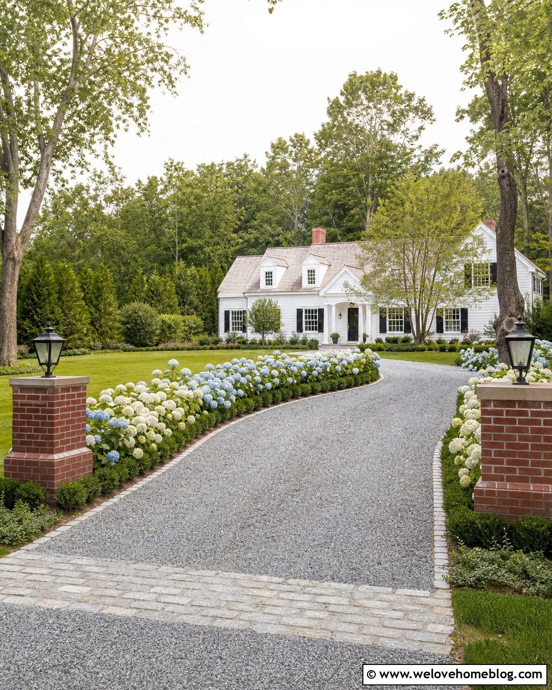 Brick Pillars With Hydrangea Borders - 35 brick pillars driveway entrance ideas