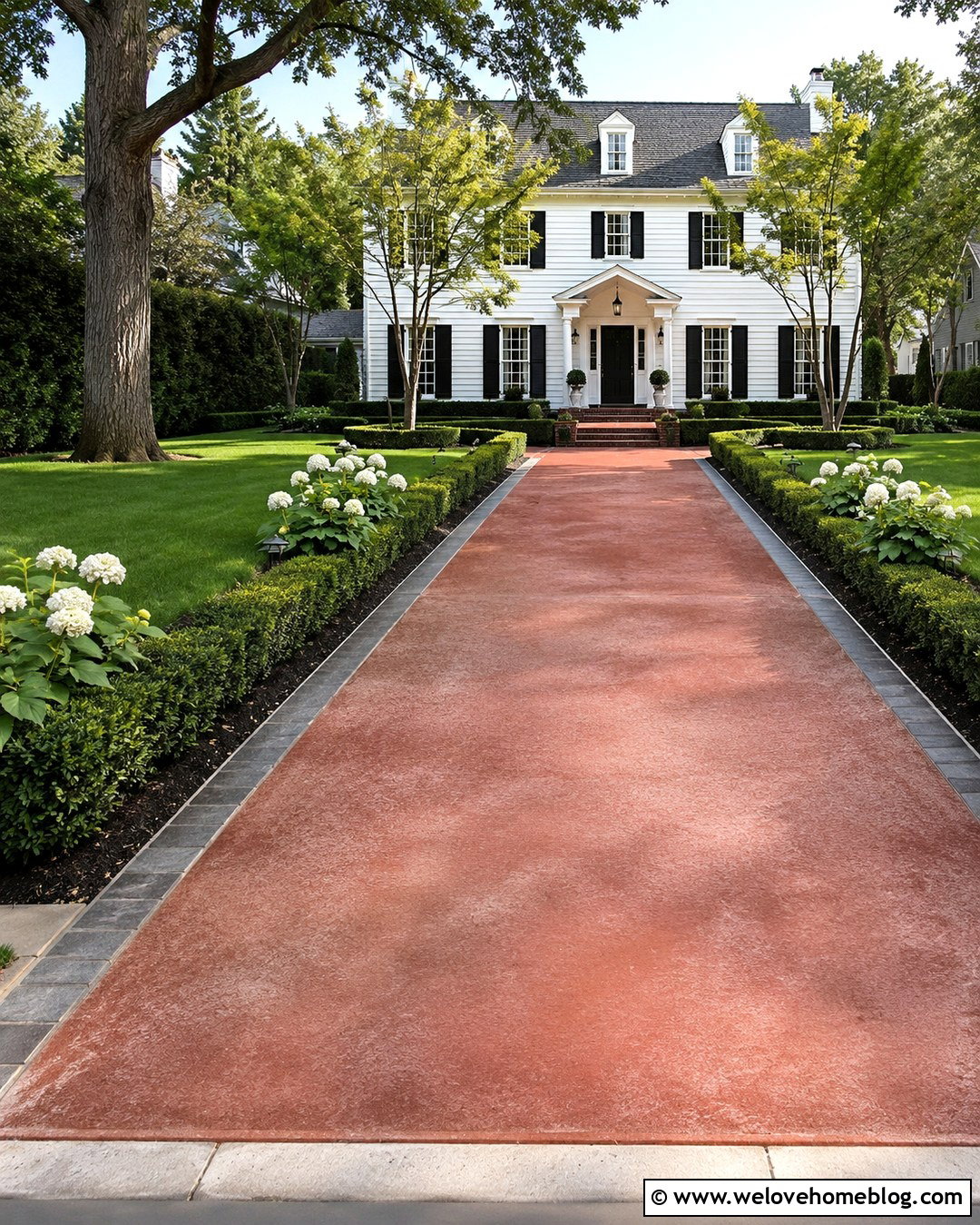 Brick Red Driveway Paint With Colonial Landscaping - 20 Driveway Paint Colors Ideas