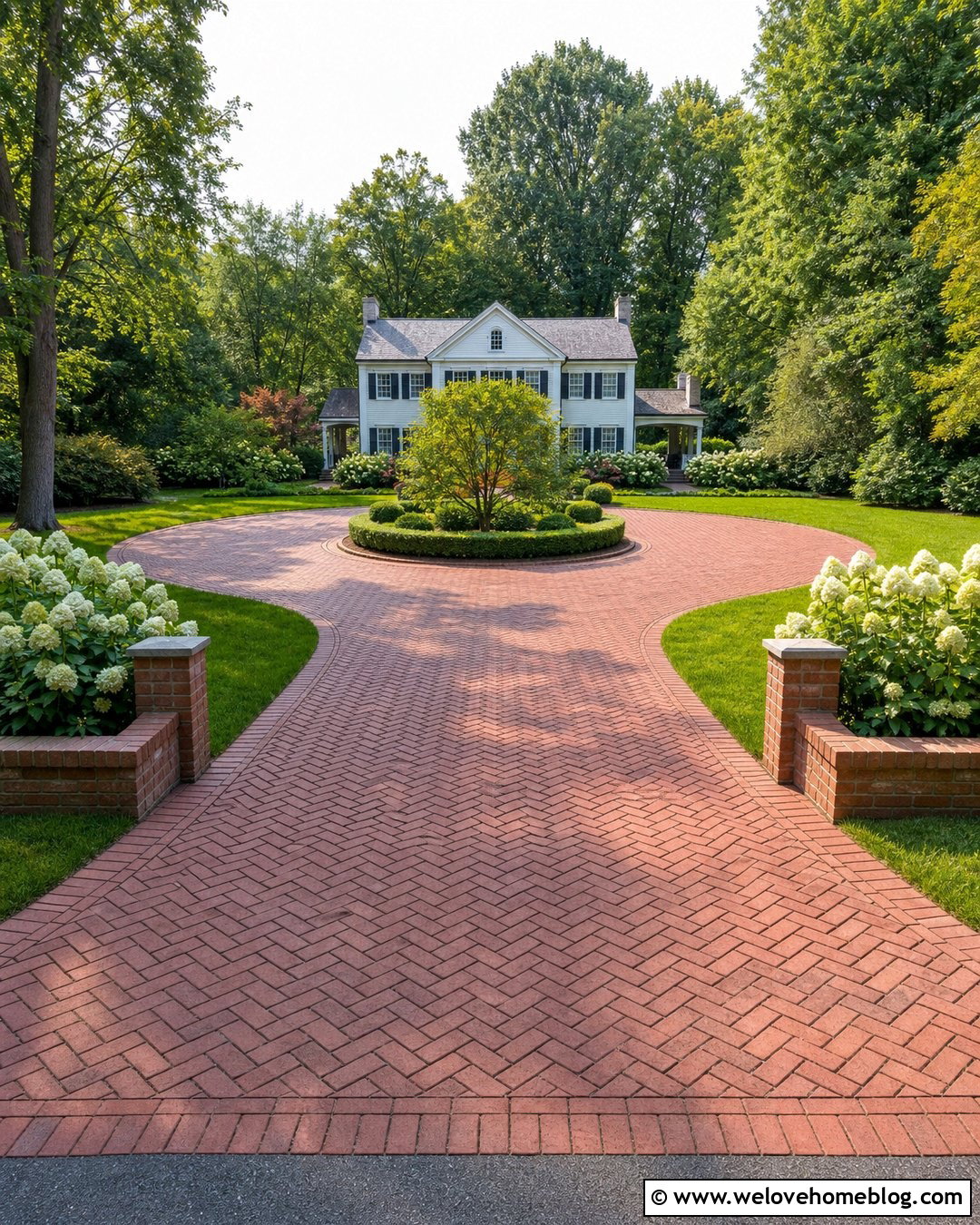 Brick Roundabout Driveway With Boxwood Garden - 20 roundabout driveway design ideas
