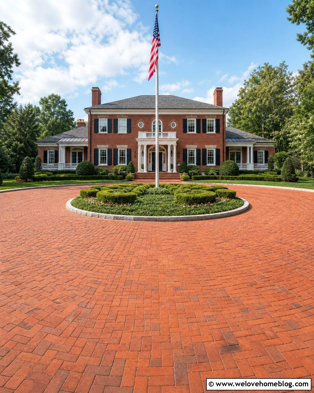 Brick Roundabout Driveway With Flagpole Island - 35 Round About Driveway Landscaping Ideas