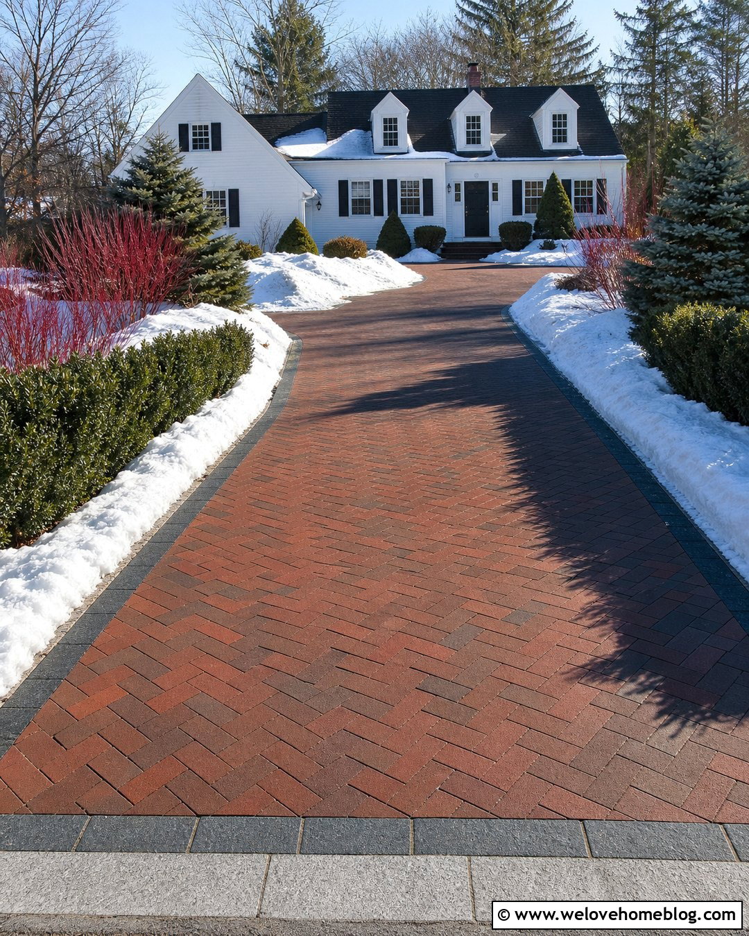 Brick Snowy Driveway With Granite Apron - 20 Snowy Driveway Ideas