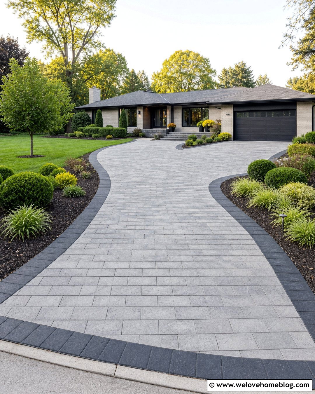 Brick Stamped Concrete Driveway For Ranch House