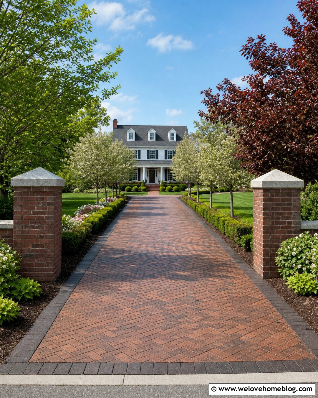 Brick Stamped Concrete Driveway With Brick Columns - 20 Brick Stamped Concrete Driveway Ideas