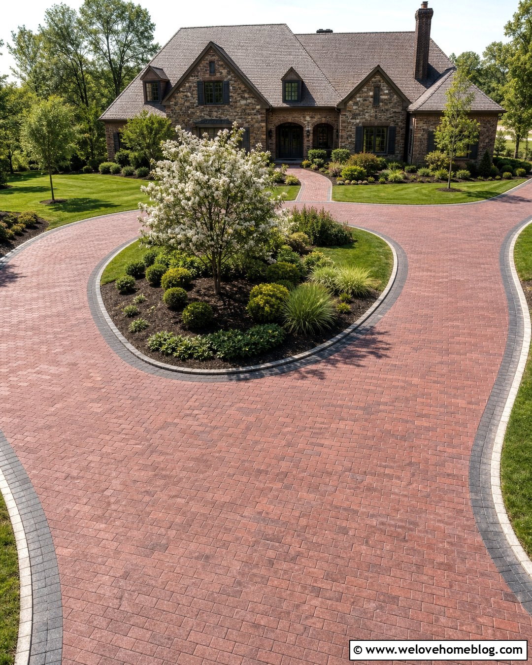 Brick Stamped Concrete Driveway With Landscape Island - 20 Brick Stamped Concrete Driveway Ideas