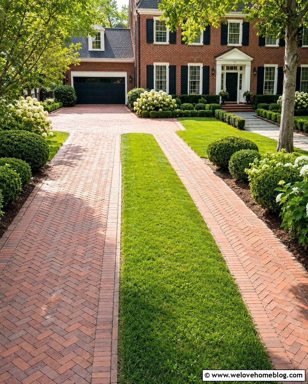 Brick Two Track Driveway With Lawn Strip - 20 Two Track Driveway Ideas