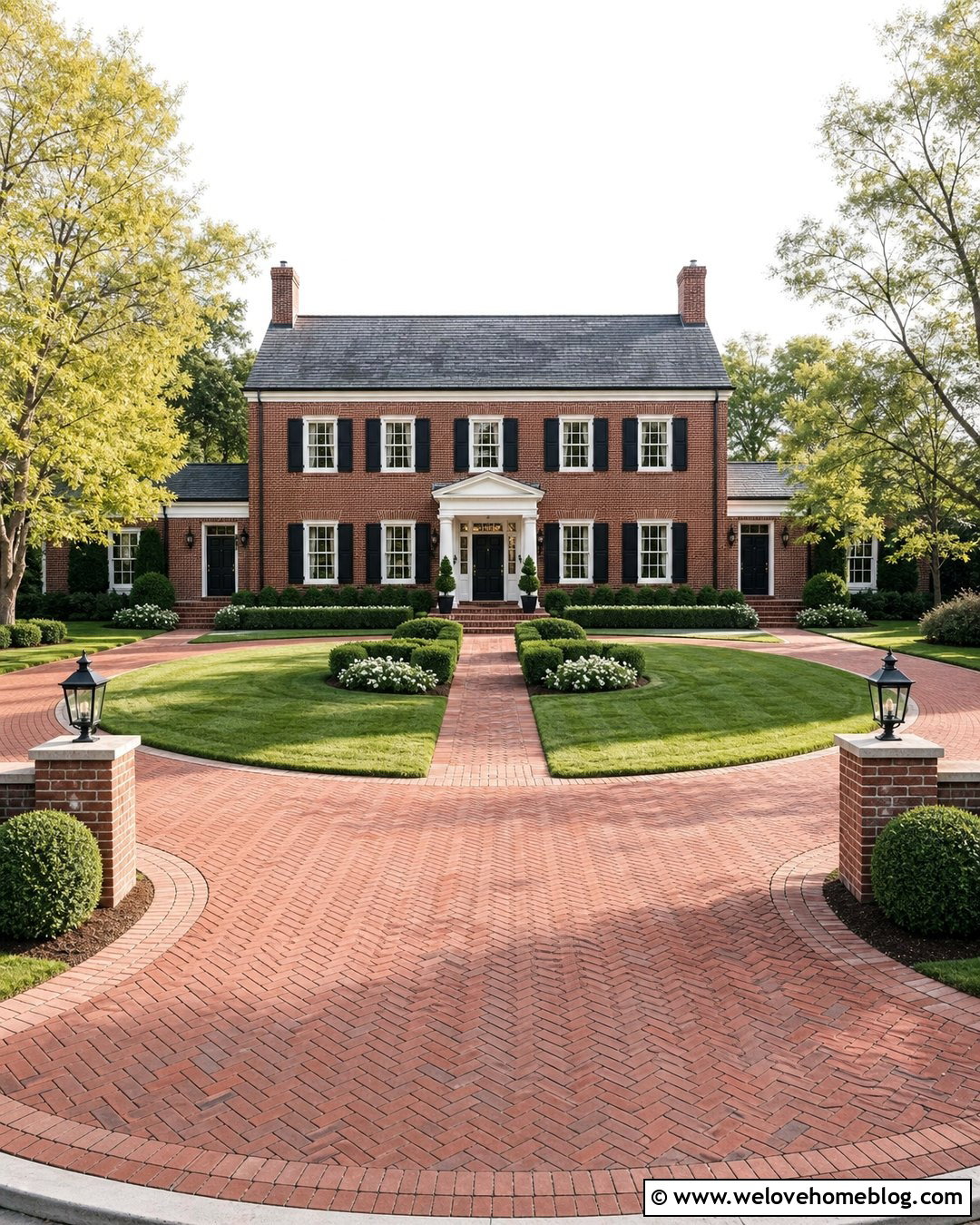 Brick U Shaped Driveway For A Colonial House - 25 U Driveway Front Yards Ideas