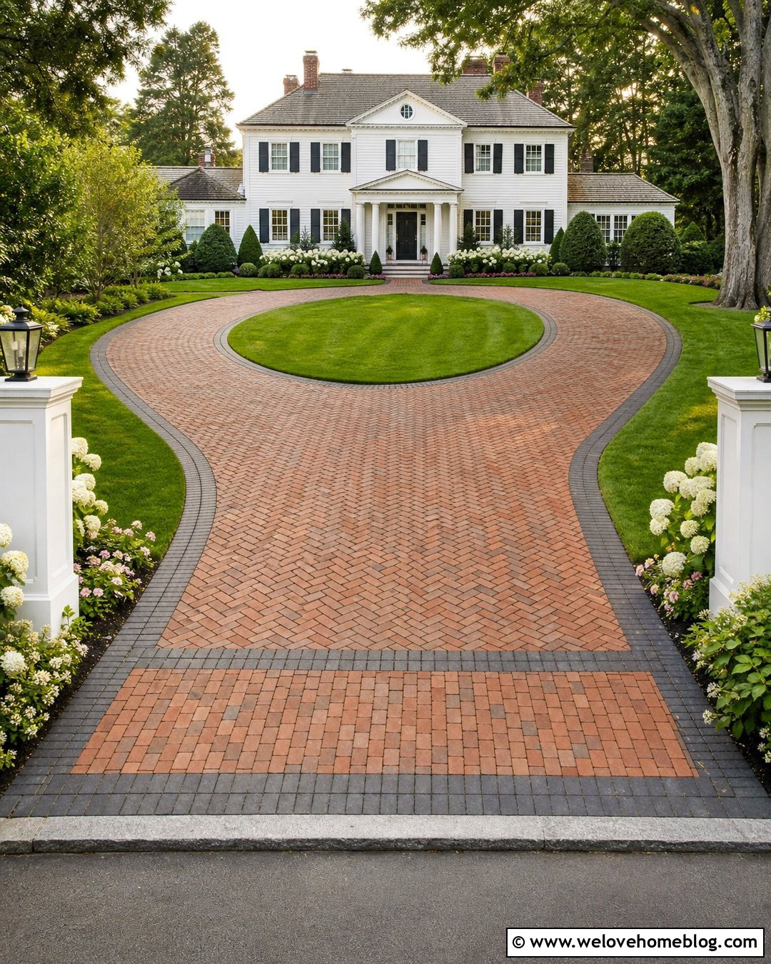Brick U Shaped Driveway With Herringbone Pavers - 20 U Driveway Ideas