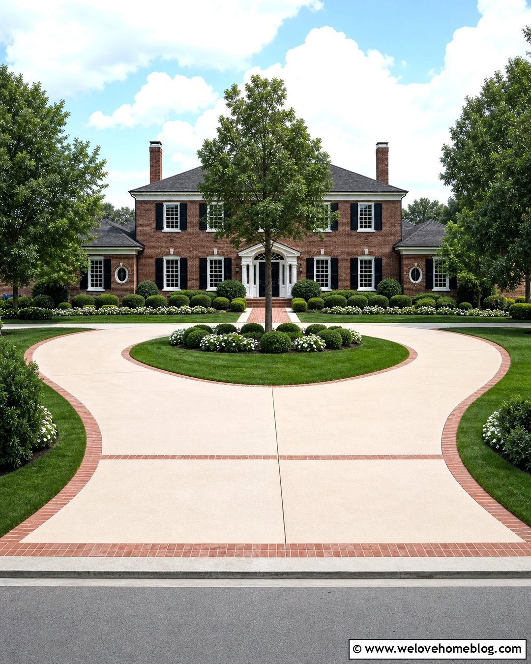 Brick and Concrete Horseshoe Driveway With Formal Lawn - 20 driveway landscape for horseshoe ideas