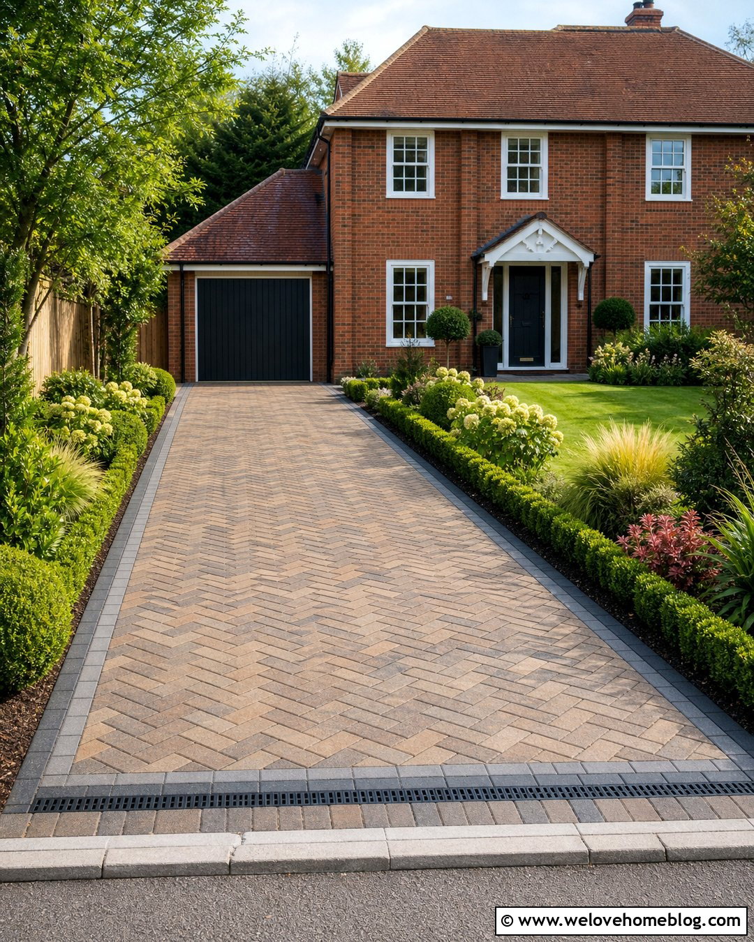 Brindle Herringbone Driveway With Brick House - 20 Brindle Block Paving Driveway Ideas