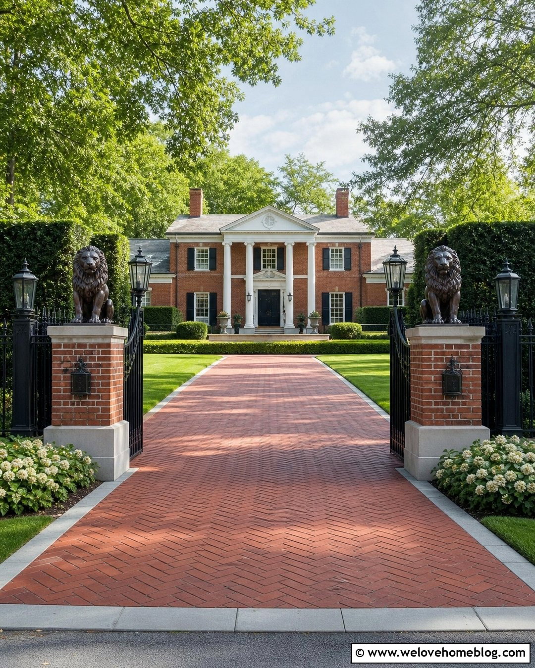 Bronze Lion Statues With Iron Gate - 20 Driveway Entrance Statues Ideas