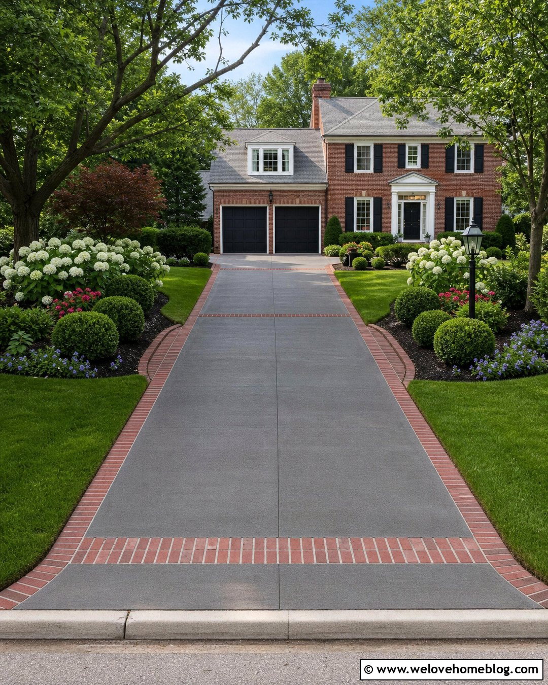 Broom Finish Charcoal Concrete Driveway With Brick Edging - 20 Charcoal Concrete Driveway Ideas