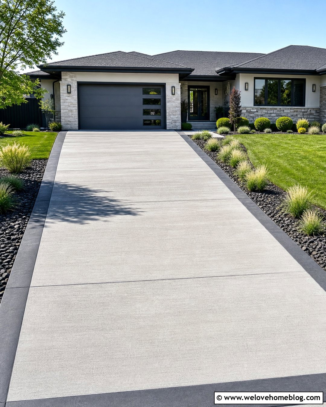 Broom Finish Concrete Driveway With Charcoal Border - 20 Picture Frame Concrete Driveway Ideas