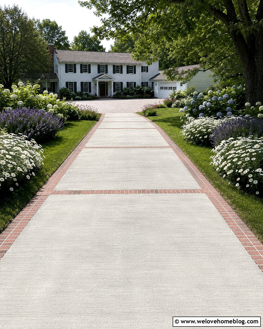 Broom Finish Concrete Farmhouse Long Driveway With Brick Ribbons - 20 Farmhouse Long Driveway Ideas