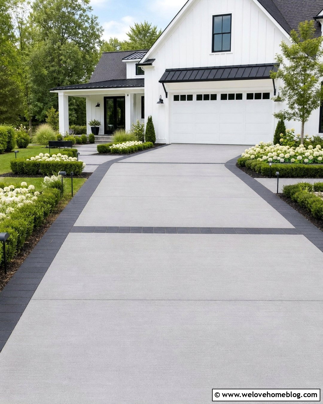 Broom Finished Concrete Driveway With Black Paver Bands - 35 Beautiful Driveways Ideas