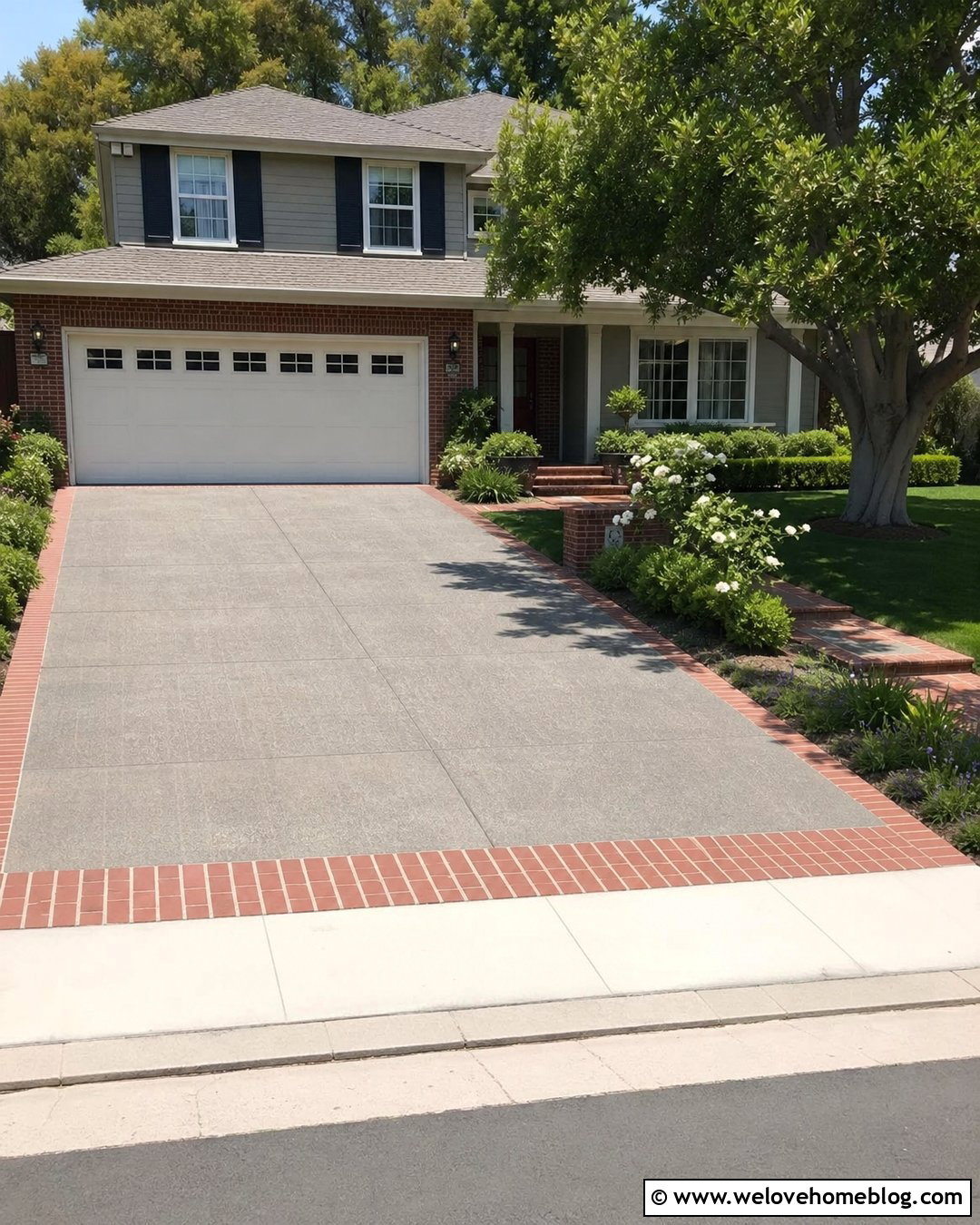 Broom Finished Concrete With Brick Trim - 20 Brick Trim Driveway Ideas