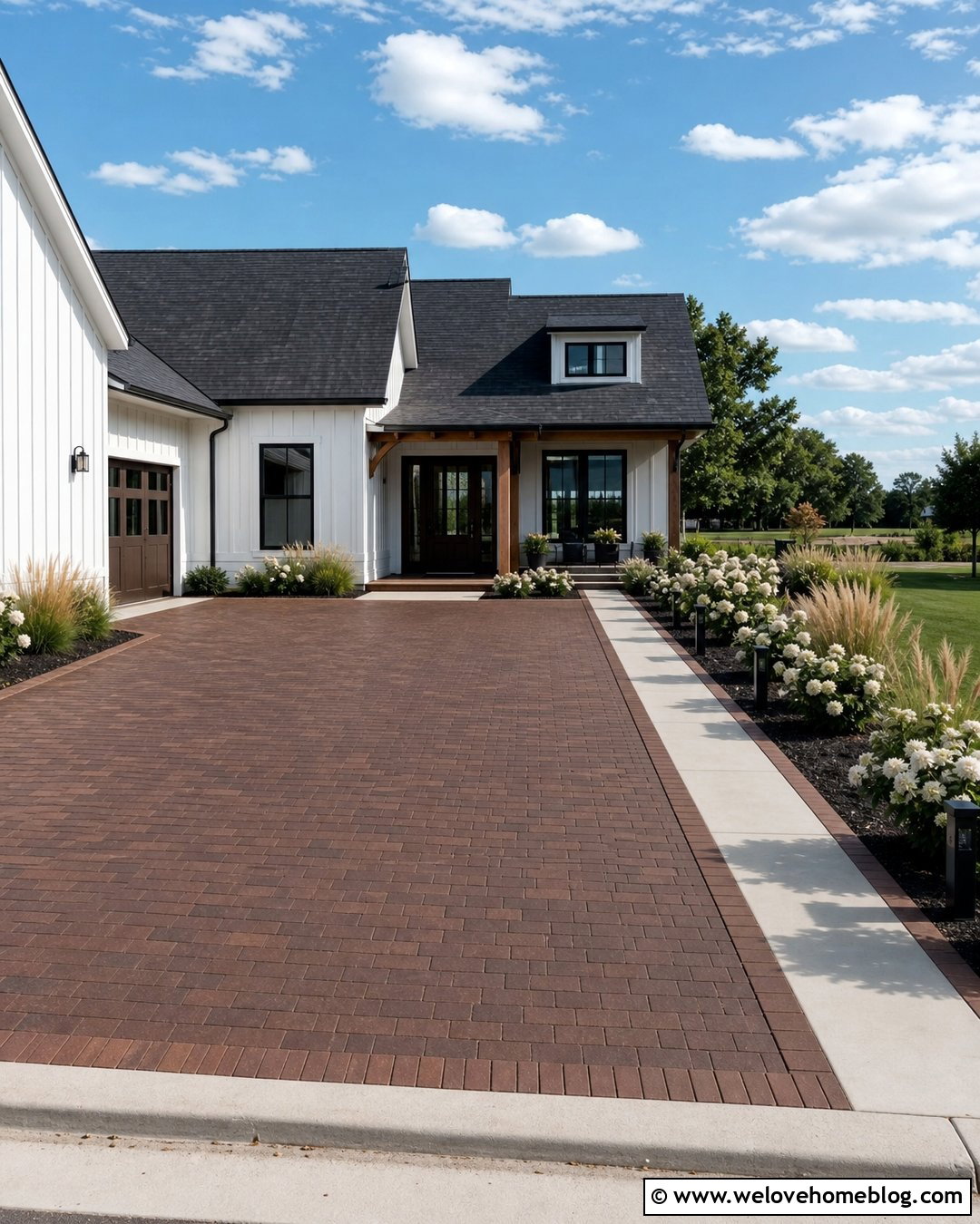 Brown Clay Paver Driveway With Running Bond Pattern