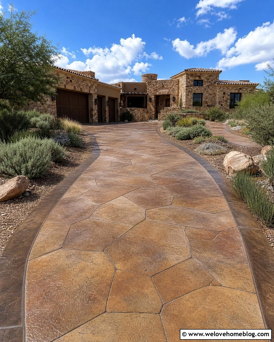 Brown Concrete Driveway With Flagstone Pattern - 20 Brown Concrete Driveway Ideas
