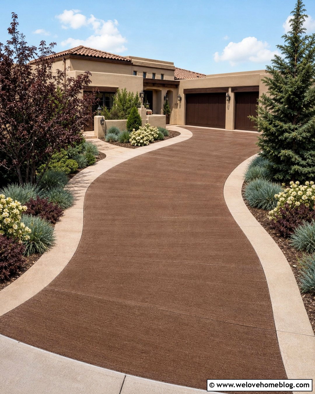 Brown Concrete Driveway With Tan House - 20 Brown Concrete Driveway Ideas