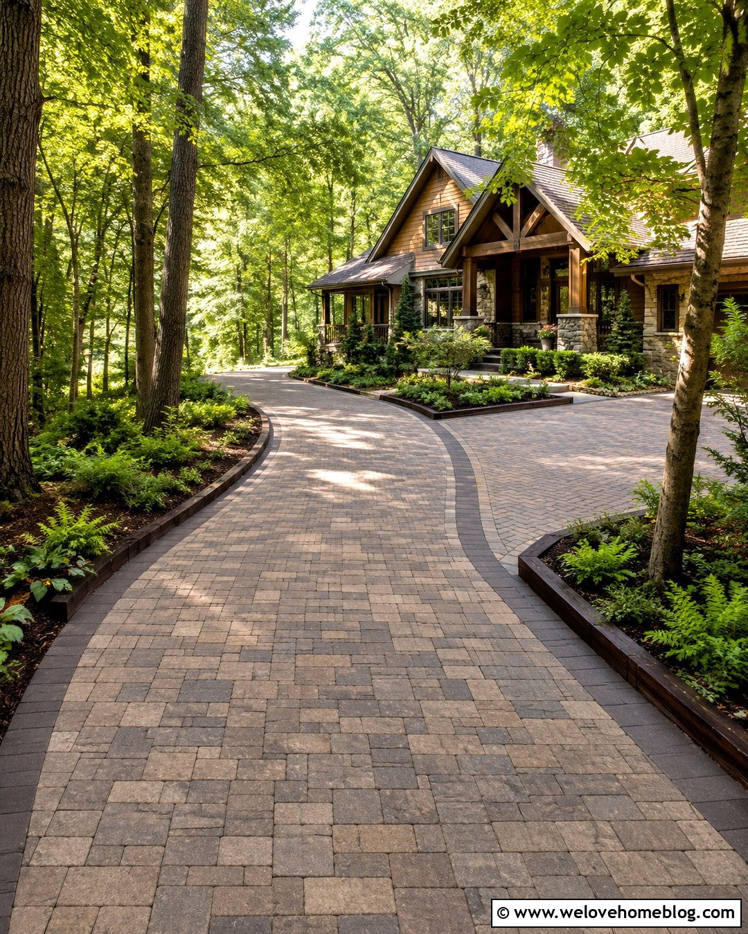Brown Holland Stone Driveway With Timber Landscaping - 20 holland stone driveway ideas