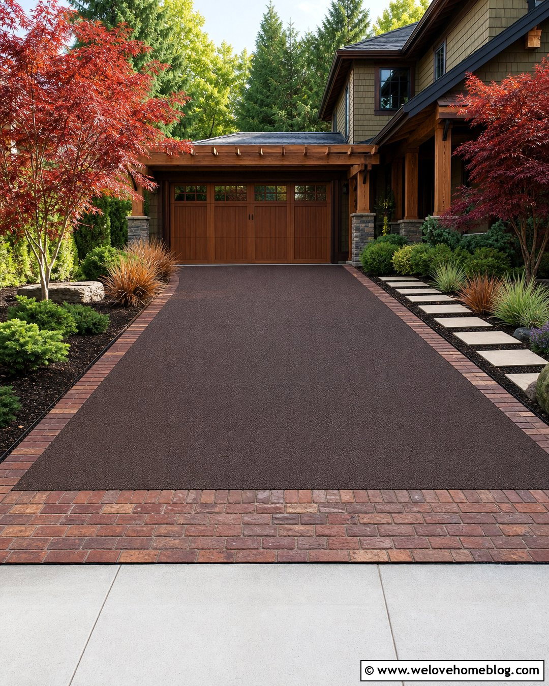 Brown Rubber Paving Driveway With Brick Accents - 20 Rubber Paving Driveway Ideas