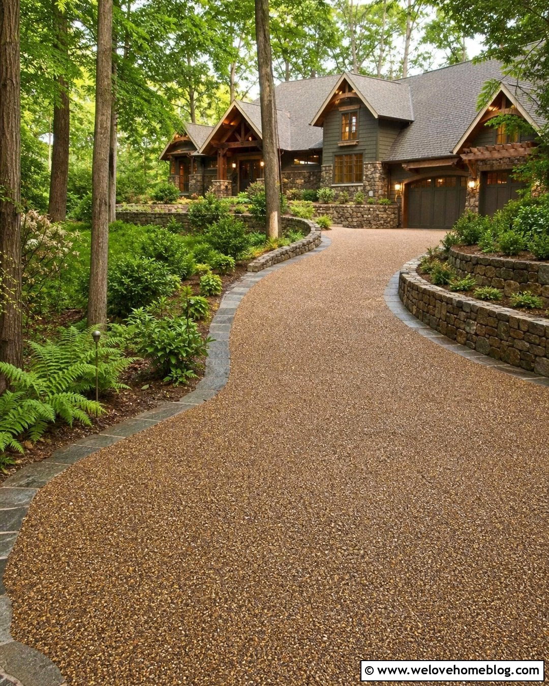 Brown Sealed Gravel Driveway With Natural Stone Walls - 20 sealed gravel driveway ideas