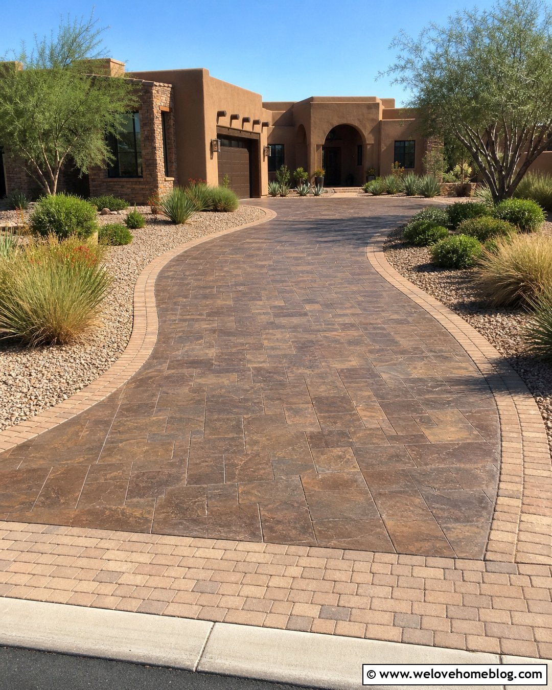 Brown Slate Stamped Concrete Driveway With Tan Brick Border - 20 stamped concrete driveway with brick border ideas