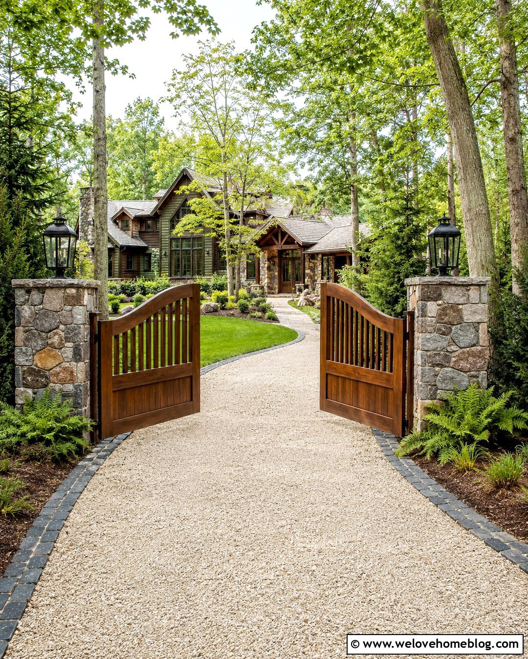 Brown Wooden Gate With Stone Pillars - 20 Brown Wooden Driveway Gate Ideas