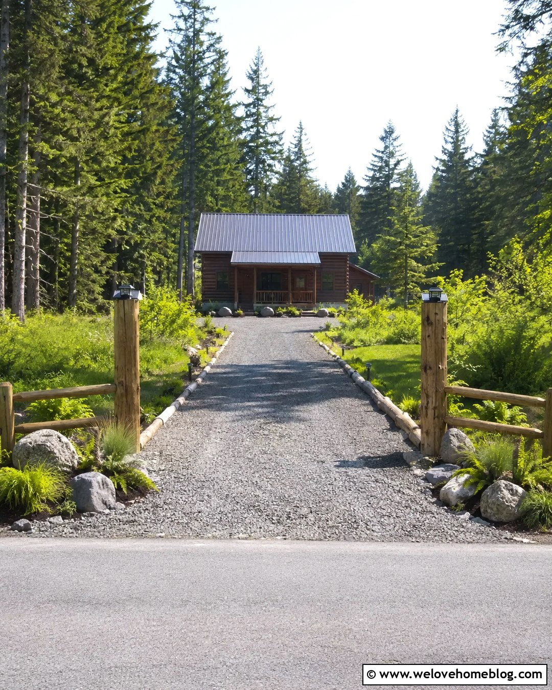 Budget Cabin Driveway Entrance With Gravel and Logs - 20 Cabin Driveway Entrance Ideas