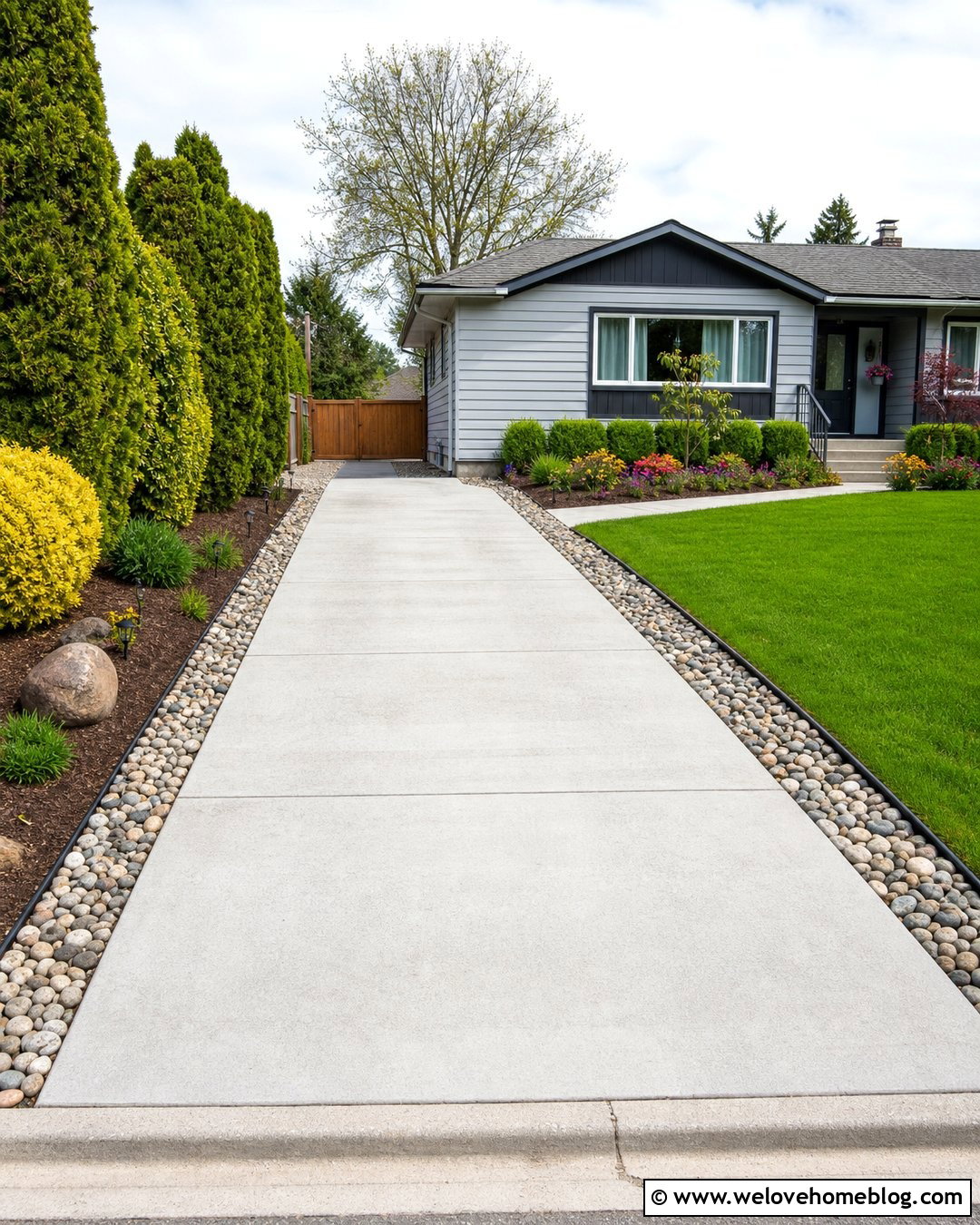 Budget Concrete Driveway With Local River Rock Border - 20 River Rock Driveway Border Ideas