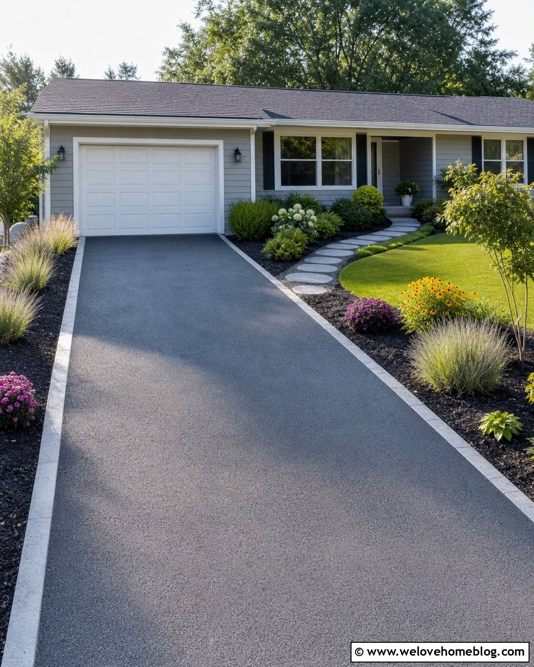 Budget Driveway With Mulch And Grass Borders - 20 Sunlit Driveway Landscaping Ideas