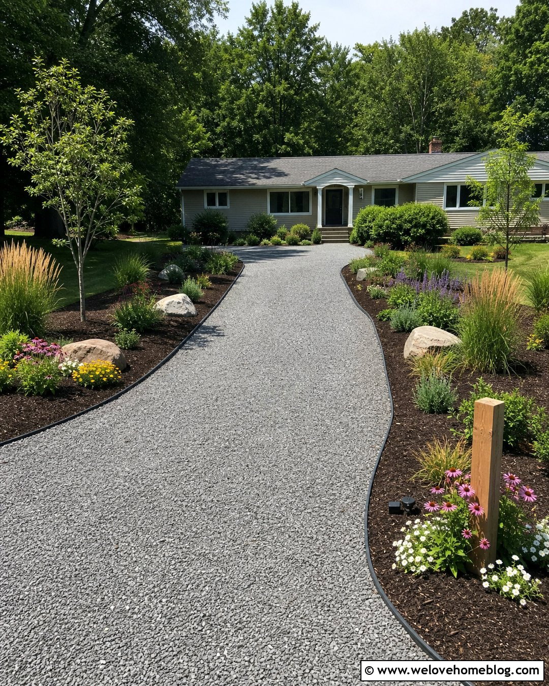 Budget Gravel Driveway Entrance With Mulch Beds - 20 landscaped driveway entrance ideas