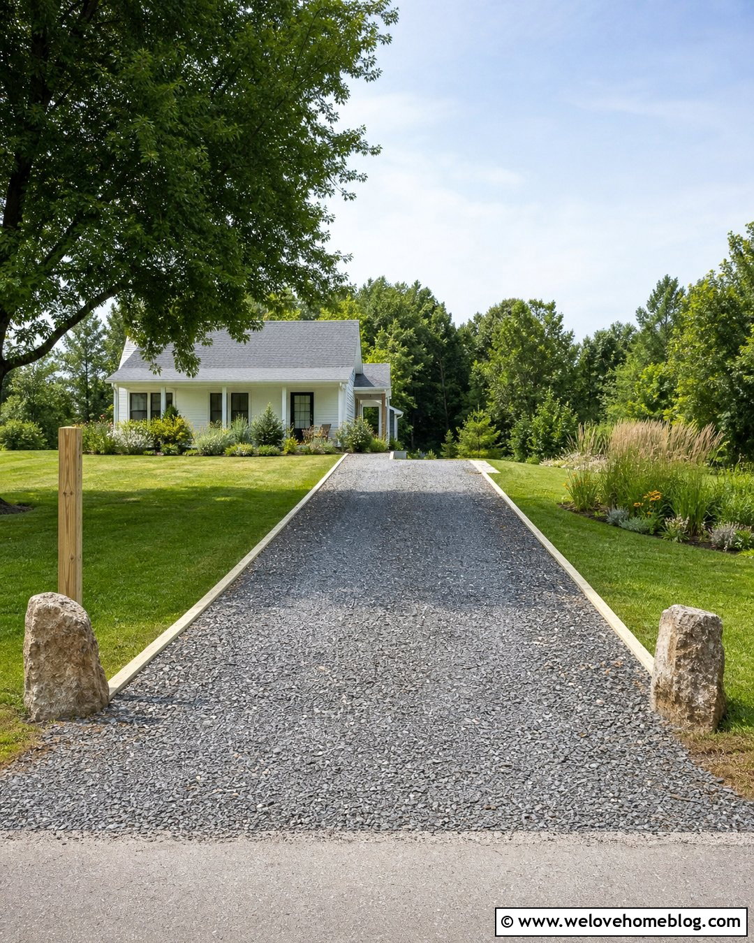Budget Gravel Driveway With Timber Edging - 20 Farmhouse Gravel Driveway Ideas