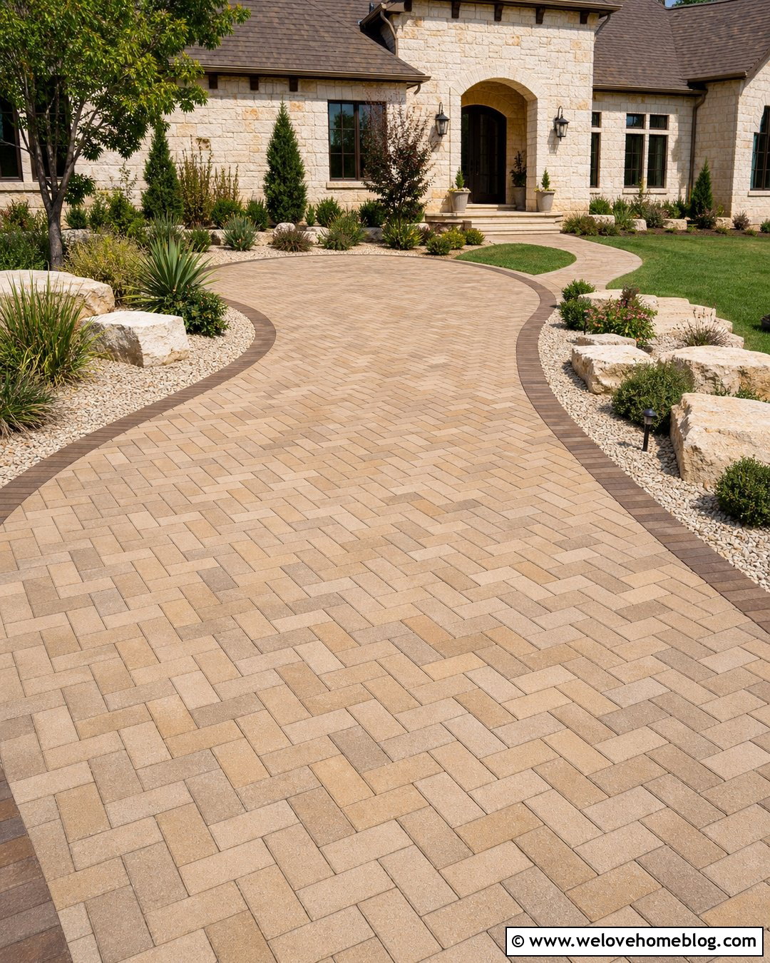 Buff Block Paving Driveway With Stone Landscaping - 35 Block Paving Driveway Ideas